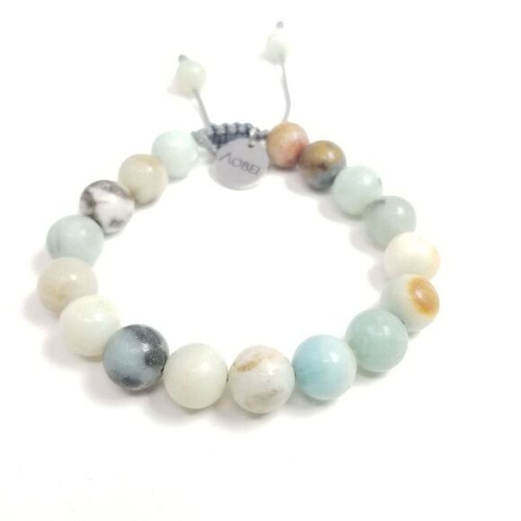 Pastel Stone Bead Bracelet, Soft Blues Creams Adjustable Drawstring Size - Picture 2 of 4